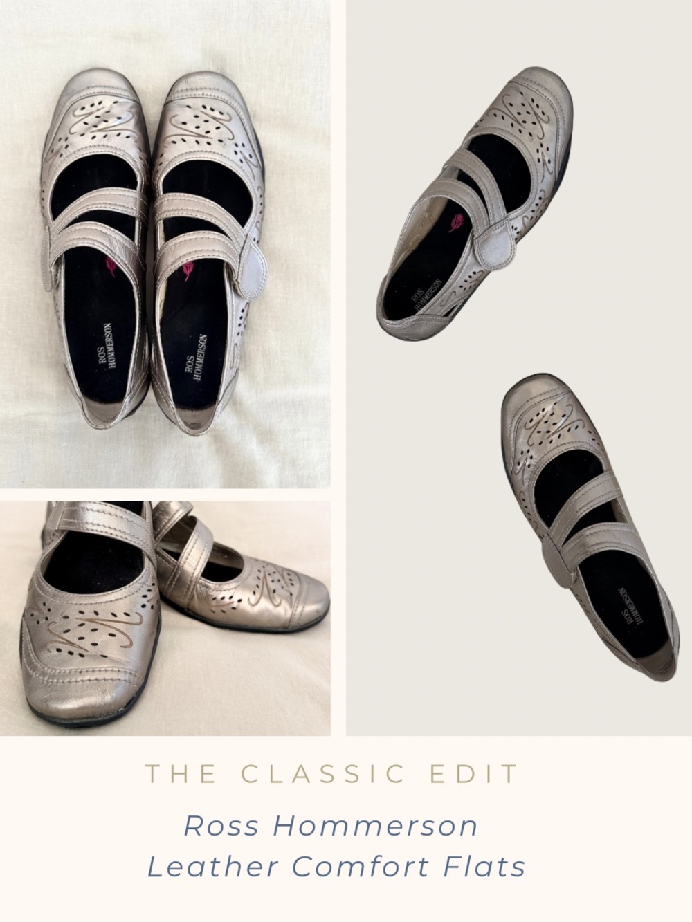 Ross Hommerson Silver Leather Mary Jane Comfort Shoes | Velcro Strap Flats